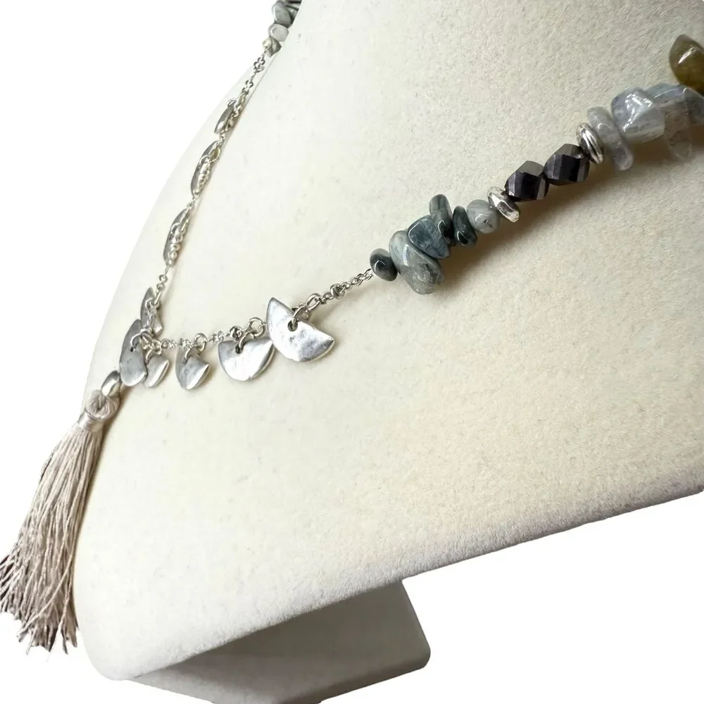 J. Jill Tassel Necklace Beaded Stone Silver Tone Faceted Charm Boho Long 36” NWT - Picture 6 of 9